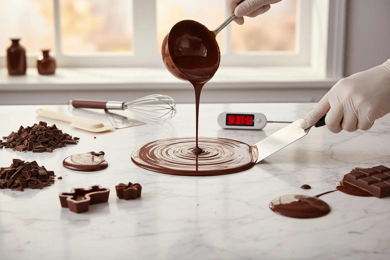 Tempering chocolate in a marble table